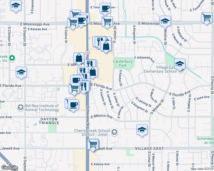 map of restaurants, bars, coffee shops, grocery stores, and more near 1470 South Havana Street in Aurora