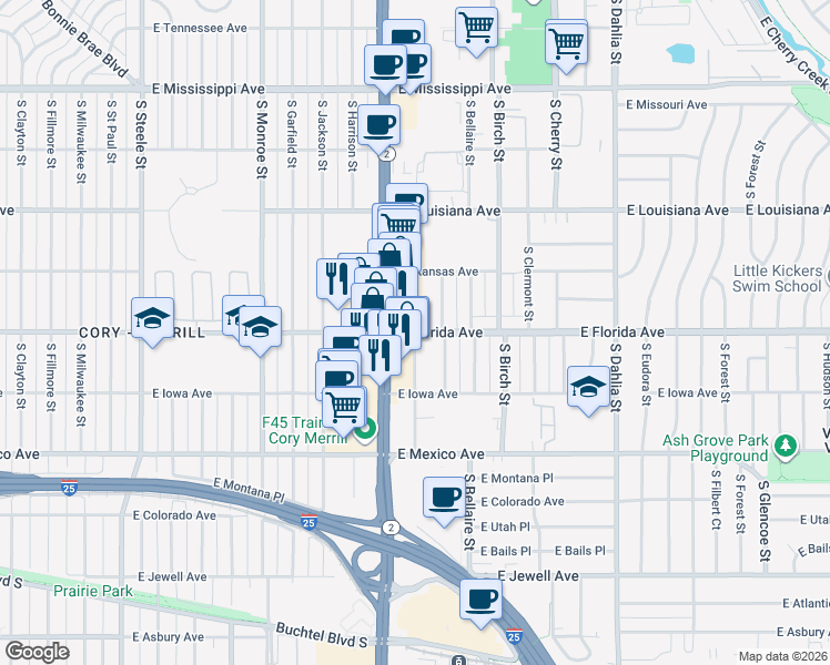 map of restaurants, bars, coffee shops, grocery stores, and more near Florida Avenue & South Albion Street in Denver
