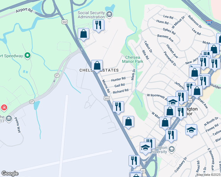 map of restaurants, bars, coffee shops, grocery stores, and more near 4 Gail Road in Wilmington Manor
