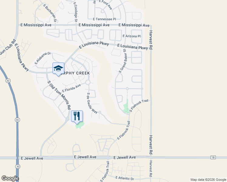 map of restaurants, bars, coffee shops, grocery stores, and more near 24504 East Florida Avenue in Aurora