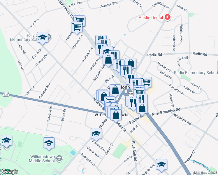 map of restaurants, bars, coffee shops, grocery stores, and more near Gary Way in Winslow Township