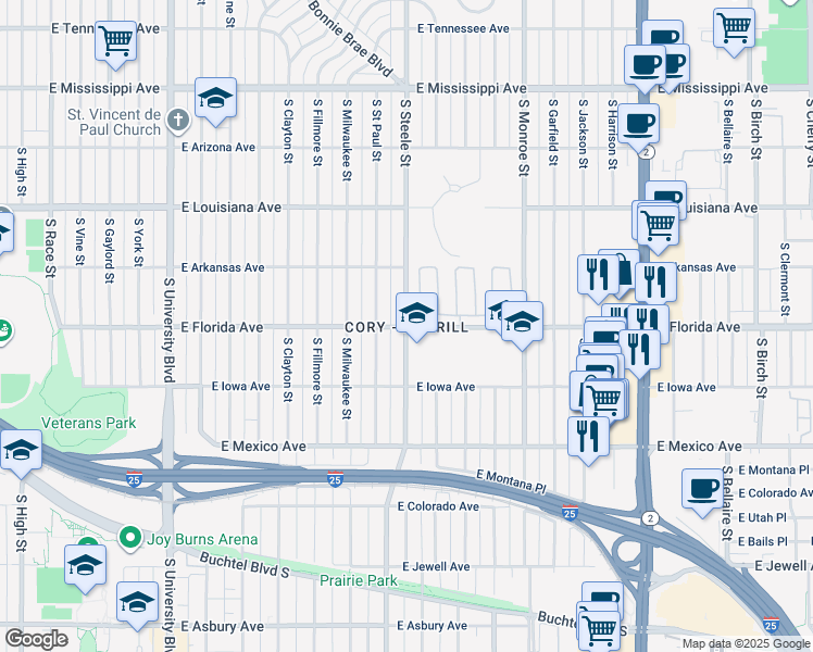 map of restaurants, bars, coffee shops, grocery stores, and more near 3201 East Florida Avenue in Denver