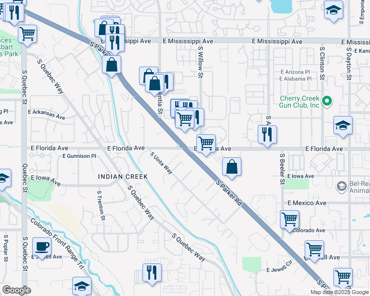 map of restaurants, bars, coffee shops, grocery stores, and more near S Parker Rd & Florida Ave in Denver