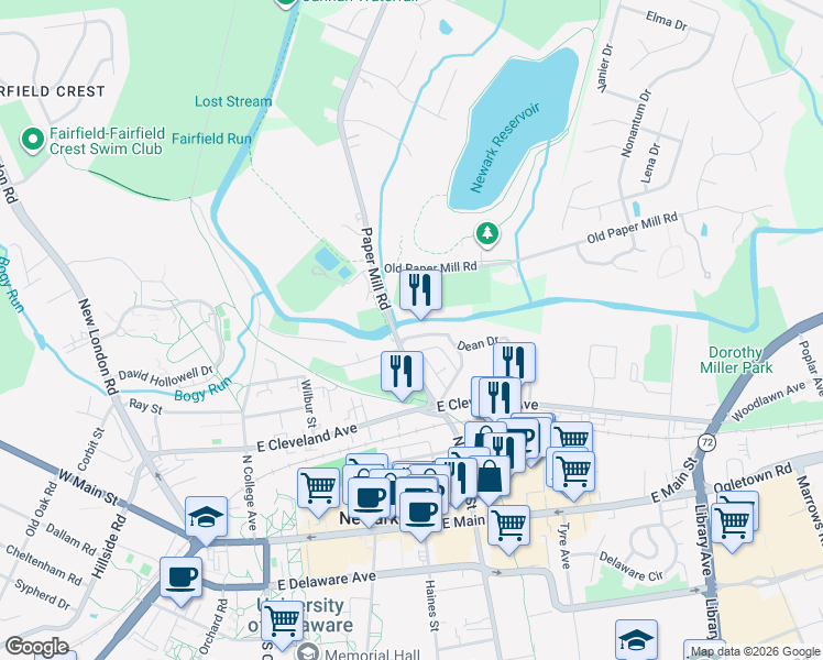 map of restaurants, bars, coffee shops, grocery stores, and more near 100 Creek View Road in Newark