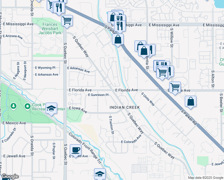 map of restaurants, bars, coffee shops, grocery stores, and more near Florida Ave & S Quebec Way in Denver