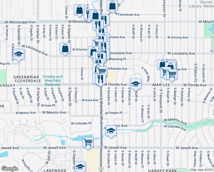 map of restaurants, bars, coffee shops, grocery stores, and more near 1490 South Sheridan Boulevard in Denver
