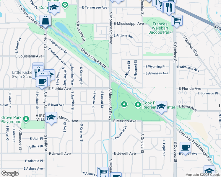 map of restaurants, bars, coffee shops, grocery stores, and more near S Monaco Pkwy & Florida Ave in Denver