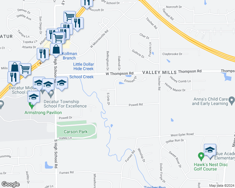 map of restaurants, bars, coffee shops, grocery stores, and more near 5131 Emmert Drive in Indianapolis
