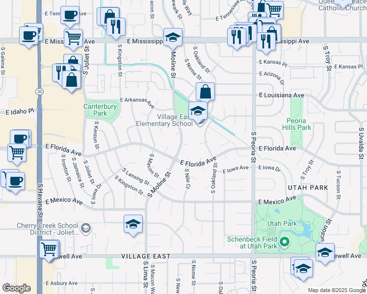 map of restaurants, bars, coffee shops, grocery stores, and more near 1456 South Moline Street in Aurora