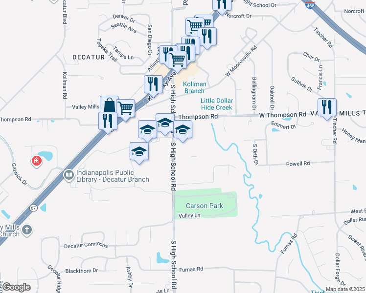 map of restaurants, bars, coffee shops, grocery stores, and more near 5101 South High School Road in Indianapolis