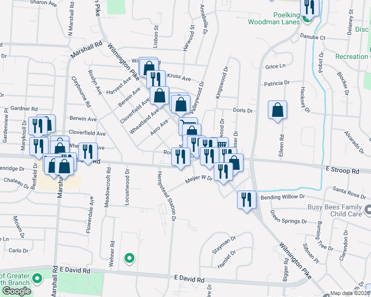 map of restaurants, bars, coffee shops, grocery stores, and more near 3913 Roslyn Avenue in Kettering