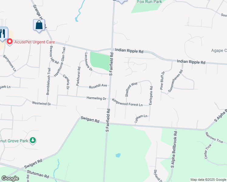 map of restaurants, bars, coffee shops, grocery stores, and more near 125 Chartley Court in Dayton