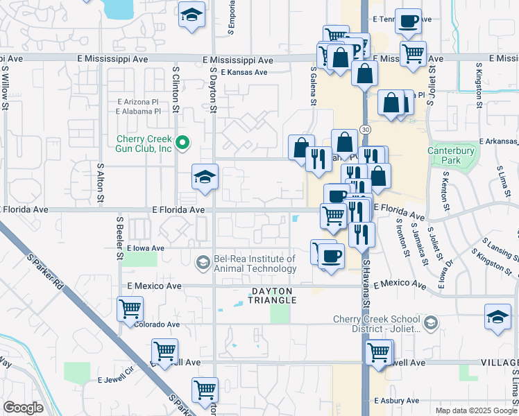 map of restaurants, bars, coffee shops, grocery stores, and more near 9913 East Carolina Circle in Denver
