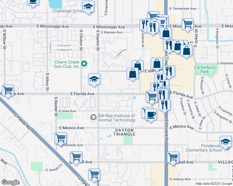 map of restaurants, bars, coffee shops, grocery stores, and more near 9913 East Carolina Circle in Denver