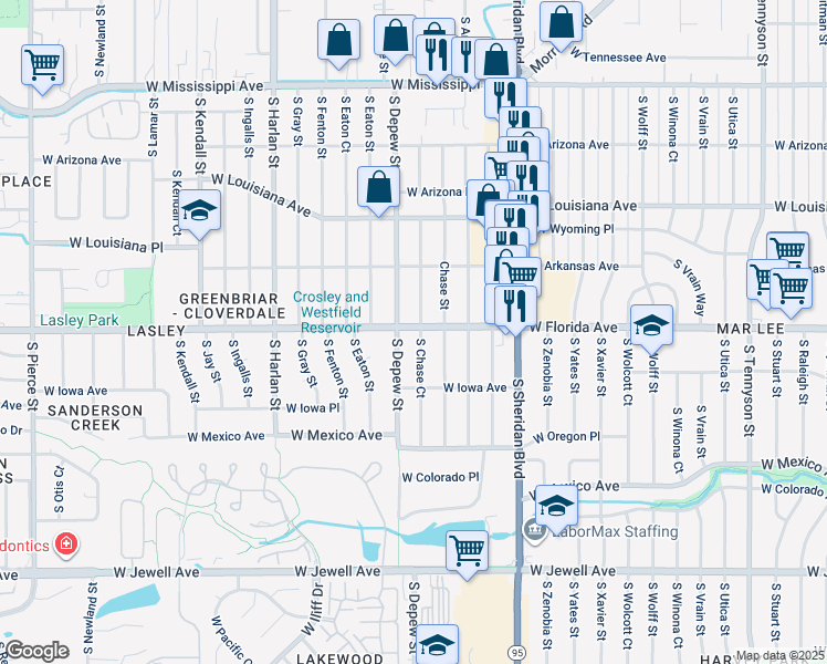 map of restaurants, bars, coffee shops, grocery stores, and more near 1475 South Chase Court in Lakewood