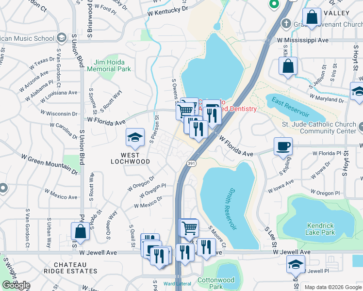 map of restaurants, bars, coffee shops, grocery stores, and more near 1572 South Owens Street in Denver