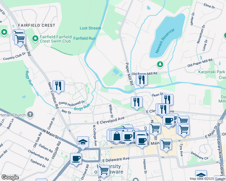 map of restaurants, bars, coffee shops, grocery stores, and more near 16 White Clay Drive in Newark