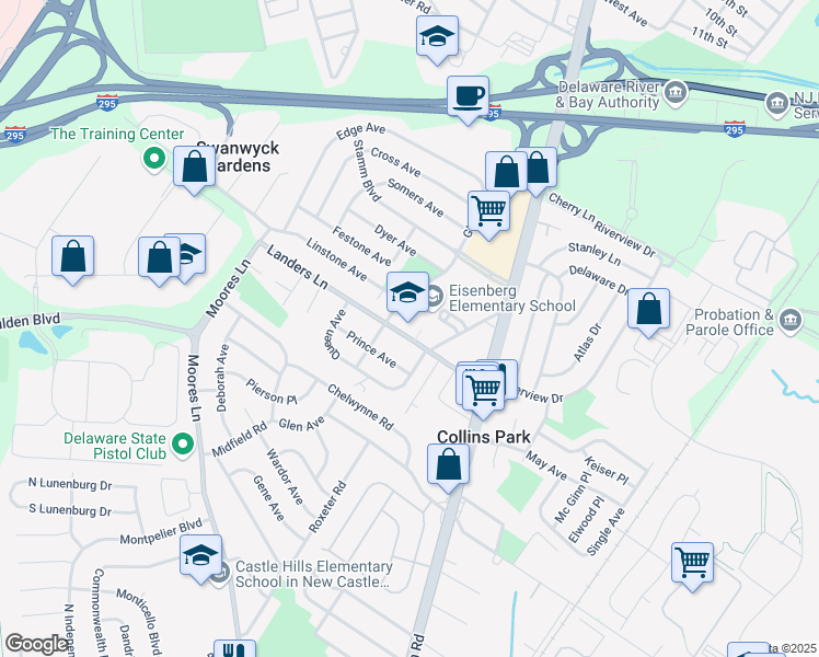 map of restaurants, bars, coffee shops, grocery stores, and more near 27 Landers Lane in New Castle