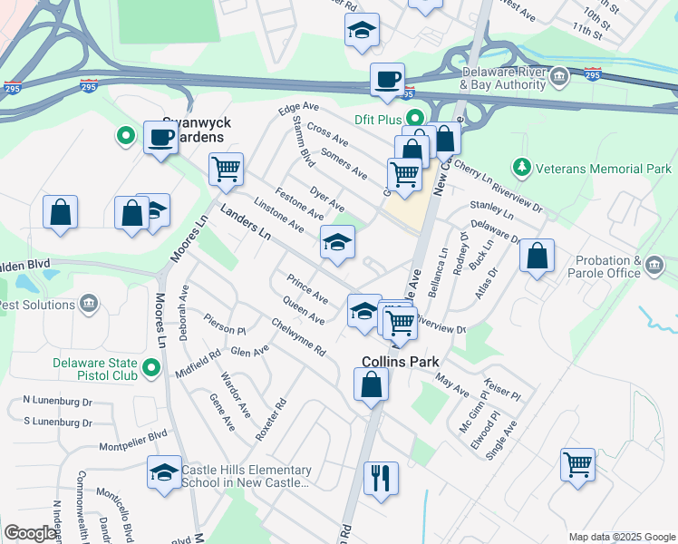 map of restaurants, bars, coffee shops, grocery stores, and more near 27 Landers Lane in New Castle