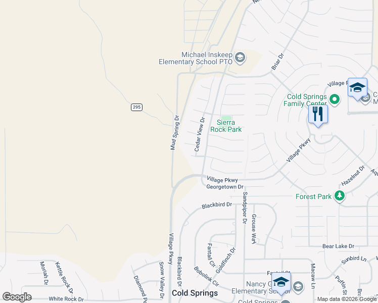 map of restaurants, bars, coffee shops, grocery stores, and more near 17950 Blue Creek Court in Reno