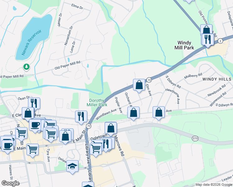 map of restaurants, bars, coffee shops, grocery stores, and more near 216 Kirkwood Highway in Newark