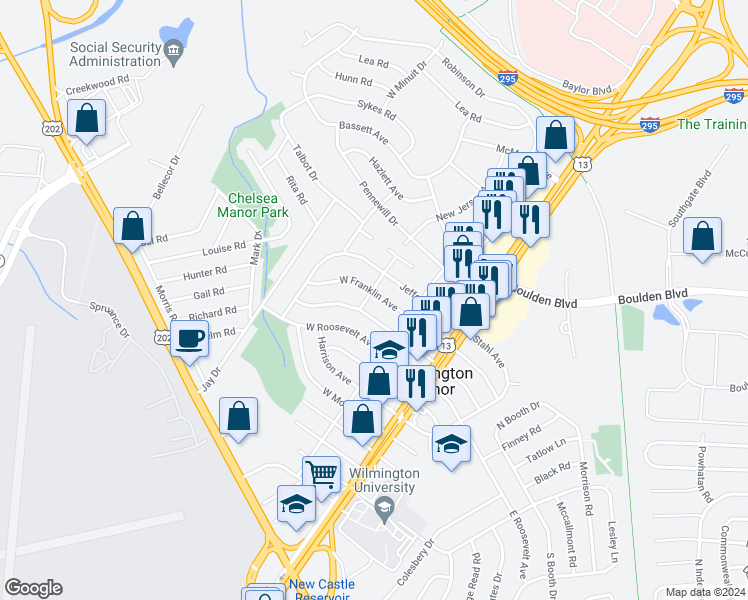 map of restaurants, bars, coffee shops, grocery stores, and more near 217 West Franklin Avenue in Wilmington Manor