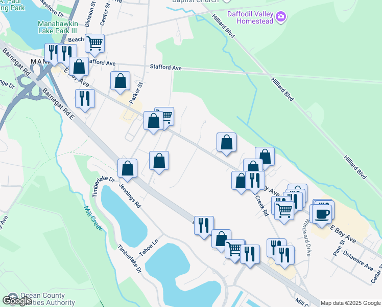 map of restaurants, bars, coffee shops, grocery stores, and more near 363 East Bay Avenue in Stafford Township