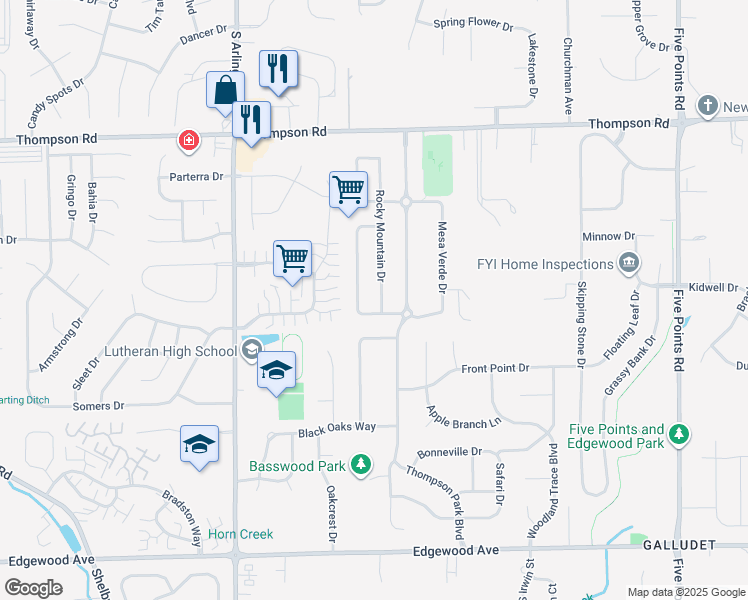 map of restaurants, bars, coffee shops, grocery stores, and more near 5402 Rocky Mountain Drive in Indianapolis