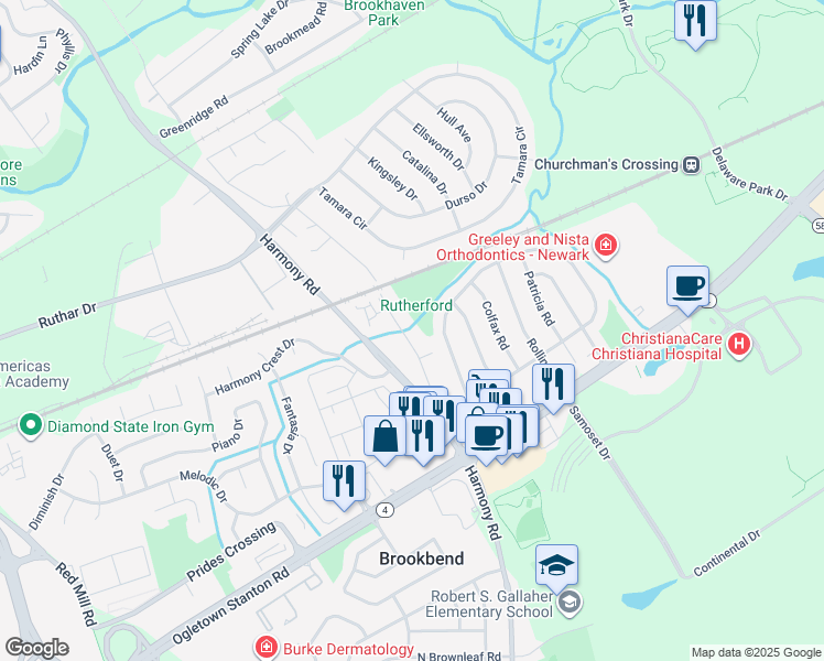 map of restaurants, bars, coffee shops, grocery stores, and more near 921 Old Harmony Road in Newark