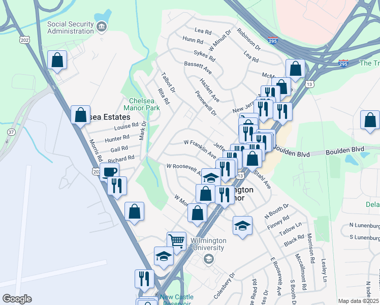 map of restaurants, bars, coffee shops, grocery stores, and more near 304 West Van Buren Avenue in Wilmington Manor