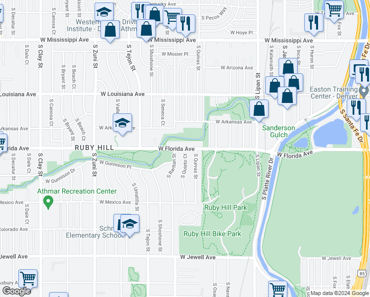 map of restaurants, bars, coffee shops, grocery stores, and more near 1735 West Florida Avenue in Denver