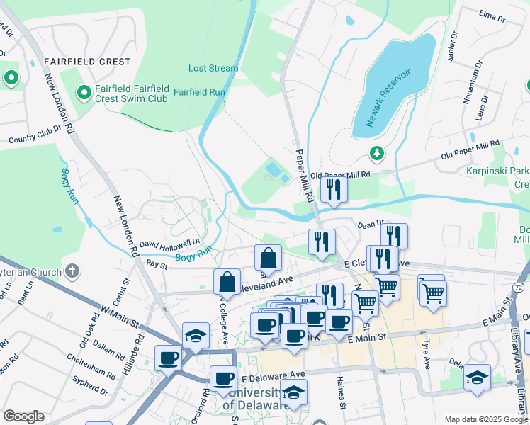 map of restaurants, bars, coffee shops, grocery stores, and more near 16 White Clay Drive in Newark