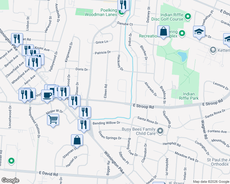 map of restaurants, bars, coffee shops, grocery stores, and more near 3832 Robertann Drive in Dayton