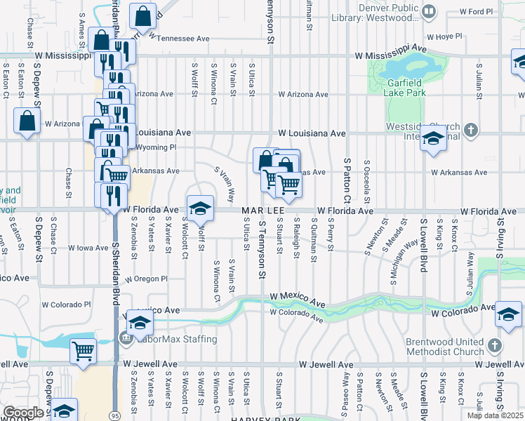 map of restaurants, bars, coffee shops, grocery stores, and more near W Florida Ave & S Tennyson St in Denver