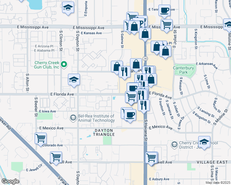 map of restaurants, bars, coffee shops, grocery stores, and more near 10151 East Carolina Drive in Aurora