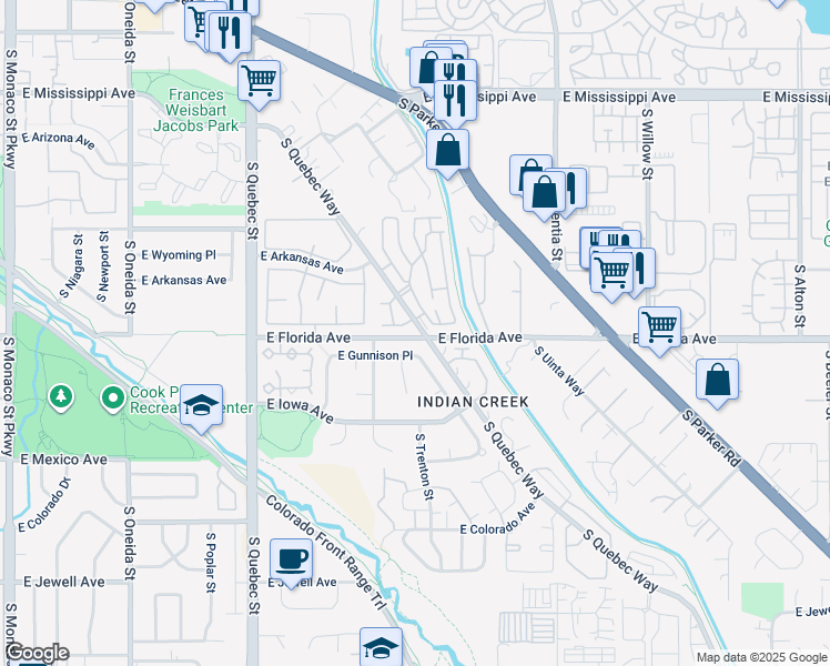 map of restaurants, bars, coffee shops, grocery stores, and more near 16 South Quebec Way in Denver
