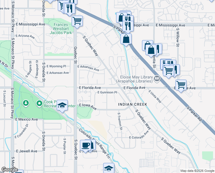 map of restaurants, bars, coffee shops, grocery stores, and more near 1475 South Quebec Way in Denver