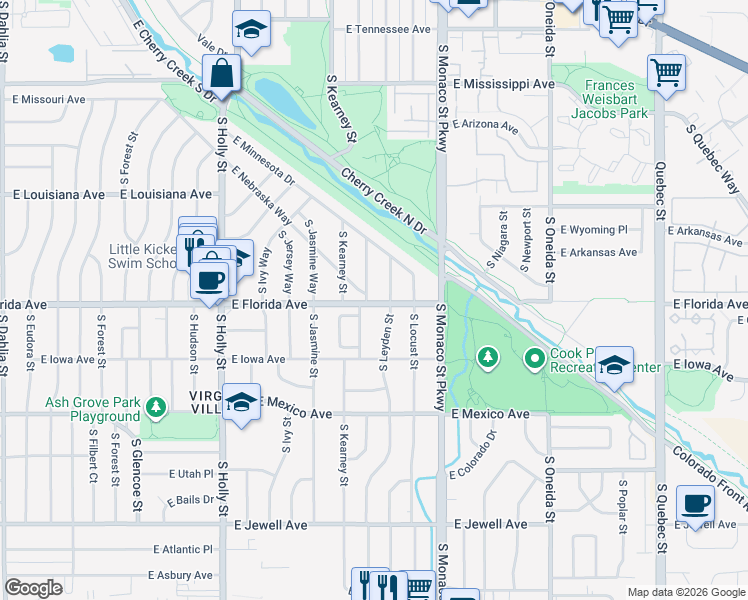 map of restaurants, bars, coffee shops, grocery stores, and more near 1478 South Krameria Street in Denver