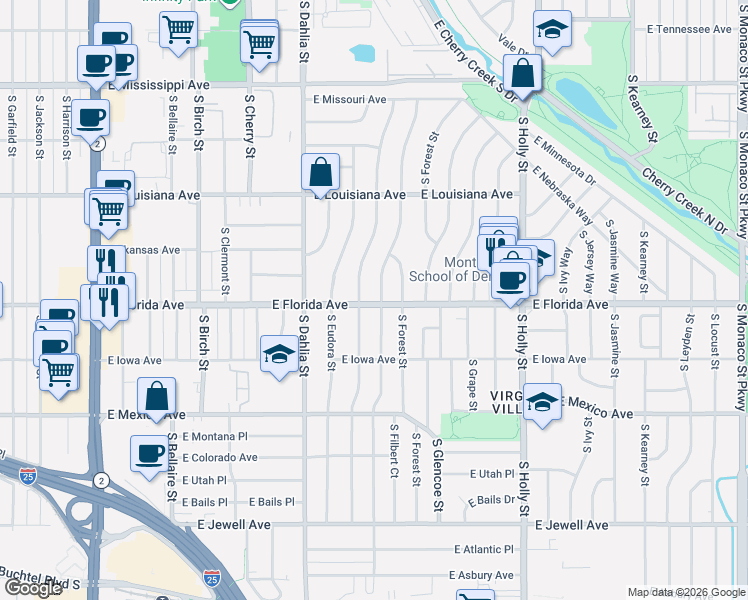 map of restaurants, bars, coffee shops, grocery stores, and more near 1468 South Fairfax Street in Denver