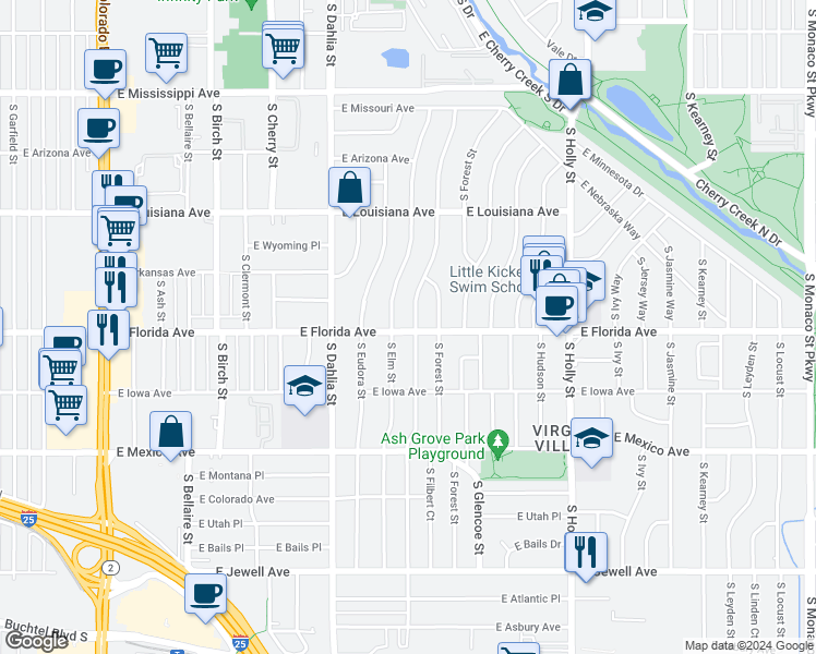 map of restaurants, bars, coffee shops, grocery stores, and more near 1468 South Fairfax Street in Denver