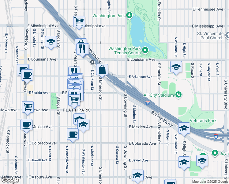 map of restaurants, bars, coffee shops, grocery stores, and more near 1499 South Corona Street in Denver