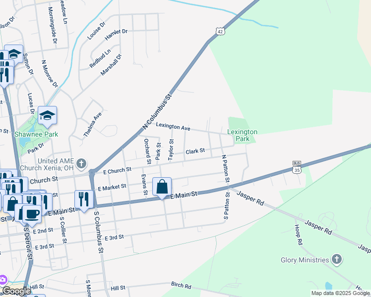 map of restaurants, bars, coffee shops, grocery stores, and more near 266 Mulberry Street in Xenia