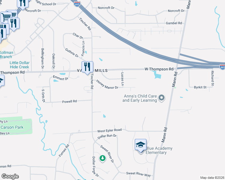 map of restaurants, bars, coffee shops, grocery stores, and more near 5408 Honey Manor Drive in Indianapolis