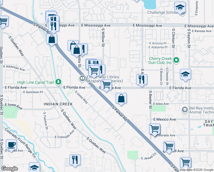 map of restaurants, bars, coffee shops, grocery stores, and more near 8707 East Florida Avenue in Denver
