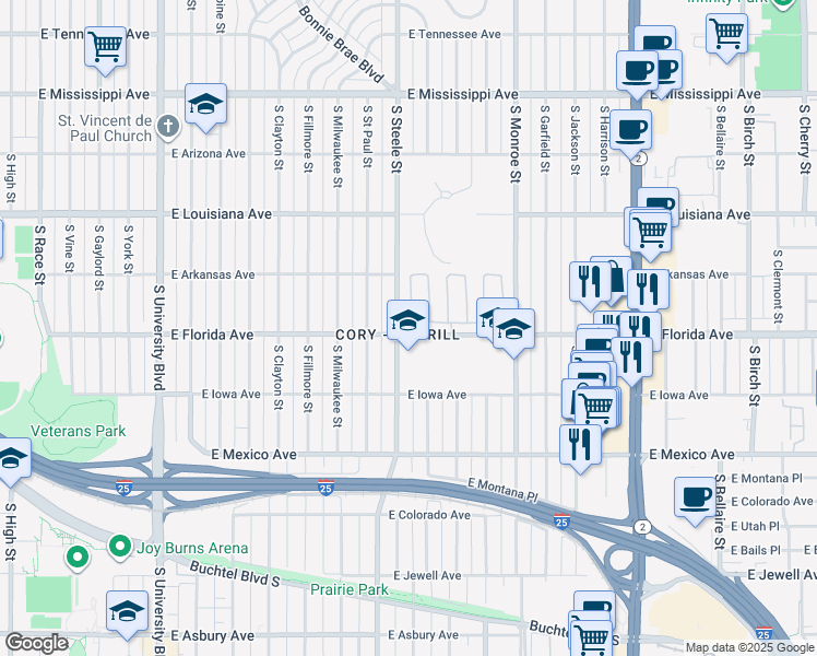 map of restaurants, bars, coffee shops, grocery stores, and more near 3201 East Florida Avenue in Denver