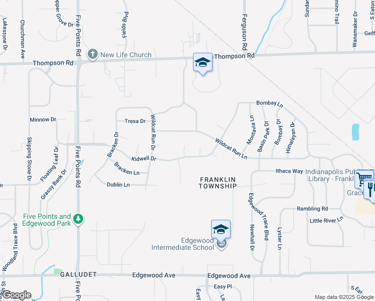 map of restaurants, bars, coffee shops, grocery stores, and more near 5423 Twin Bridge Court in Indianapolis