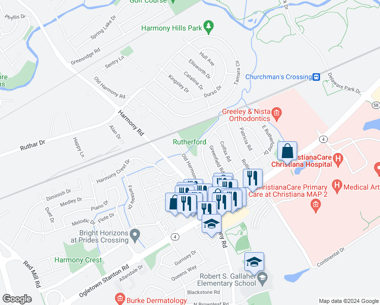 map of restaurants, bars, coffee shops, grocery stores, and more near 921 Old Harmony Road in Newark