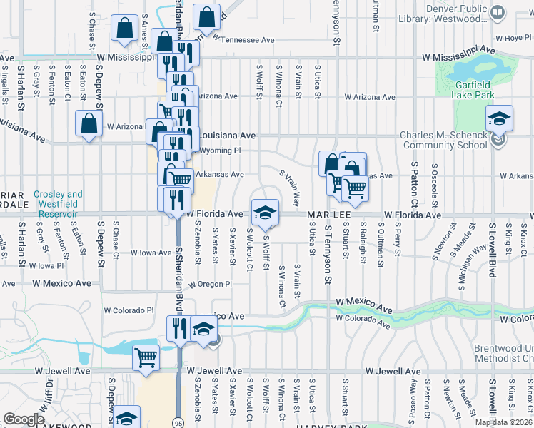 map of restaurants, bars, coffee shops, grocery stores, and more near West Florida Avenue in Denver