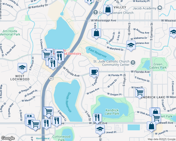 map of restaurants, bars, coffee shops, grocery stores, and more near 1476 South Lee Court in Lakewood