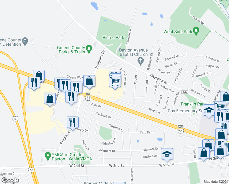map of restaurants, bars, coffee shops, grocery stores, and more near 1370 Deer Creek Drive in Xenia
